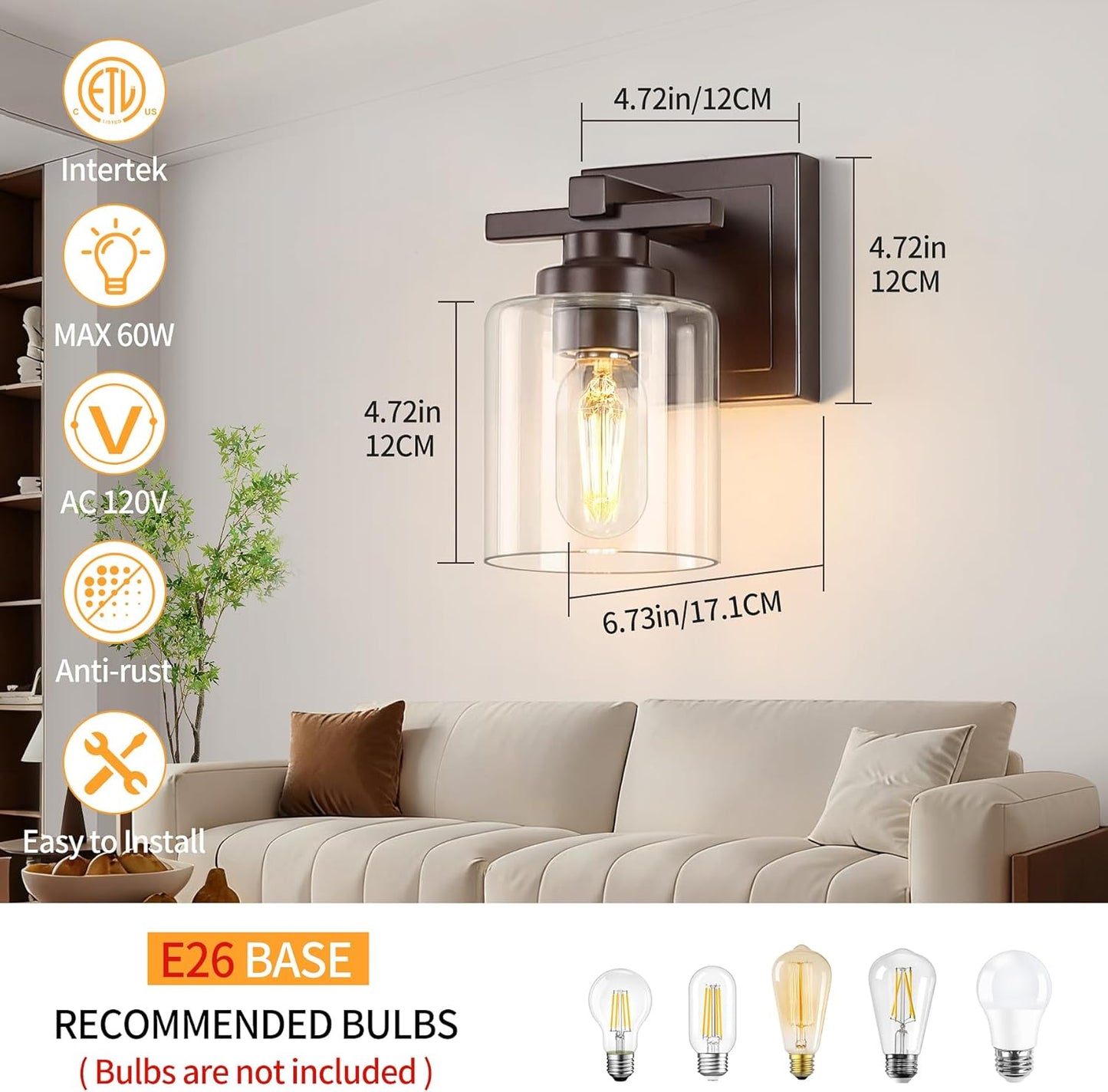 1 Light Modern Bathroom Light Fixtures Over Mirror, Bronze Finish Vanity Lights for Bathroom Wall Sconces with Clear Glass Shades, E26 Socket (Bulbs Not Included)