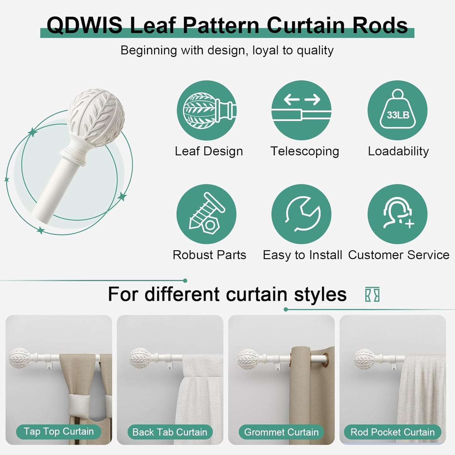 2 Pack Antique White Curtain Rods for Windows 48 to 84 inch,1" Adjustable Heavy Duty Window Curtain Rod with Leaf Finials,Rustic Decorative Drapery Rods Set,Size:36-88''