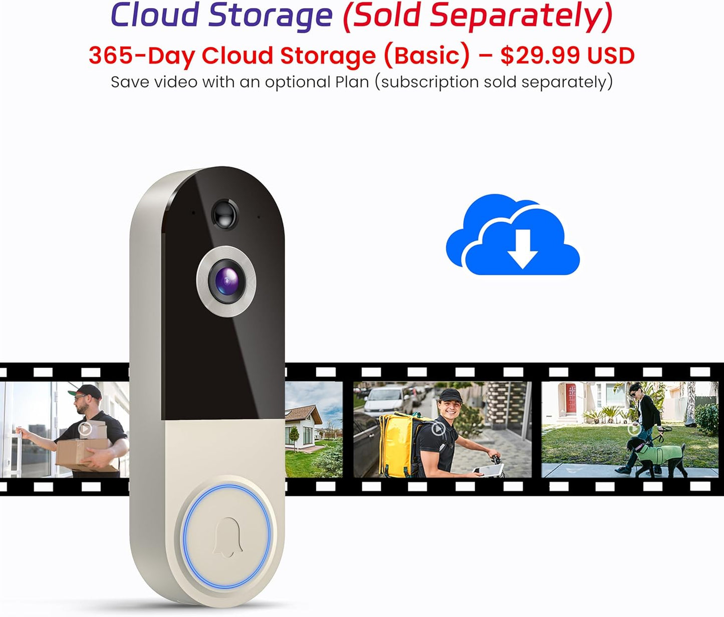 1080p Wireless Video Doorbell Camera with AI Human Detection, 2-Way Audio, Night Vision, Cloud Storage, Real-Time Alerts, 2.4G Wi-Fi Only