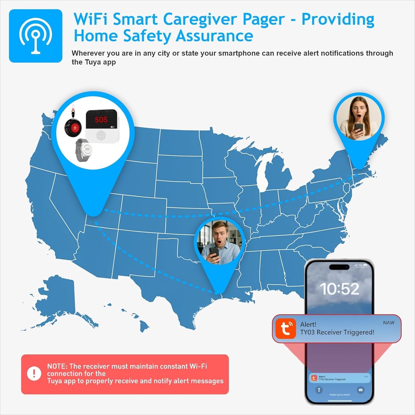WiFi Caregiver Pager System Wireless Call Button Life Alert Systems Call Bell Fast Help Panic Button for Elderly Patient Seniors Disabled 2 Emergency Button 2 Receiver (only Supports 2.4GHz Wi-Fi)
