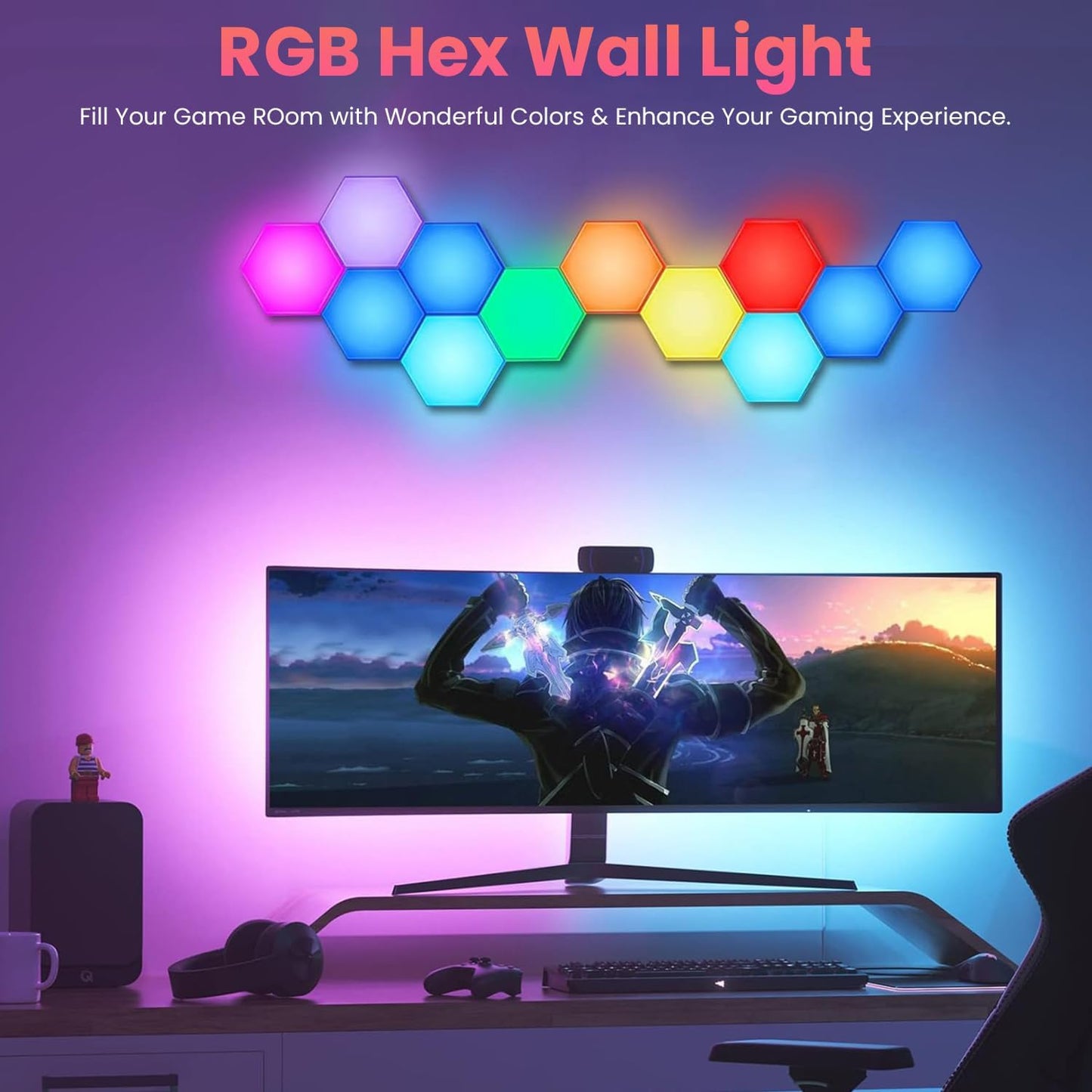 12-Pack RGB Hexagon Wall Panels - Hexagon Lights with APP & Remote-Control, Cool Music Sync - Multicolor 12PCS for Gaming Room, Living Room & Bedroom