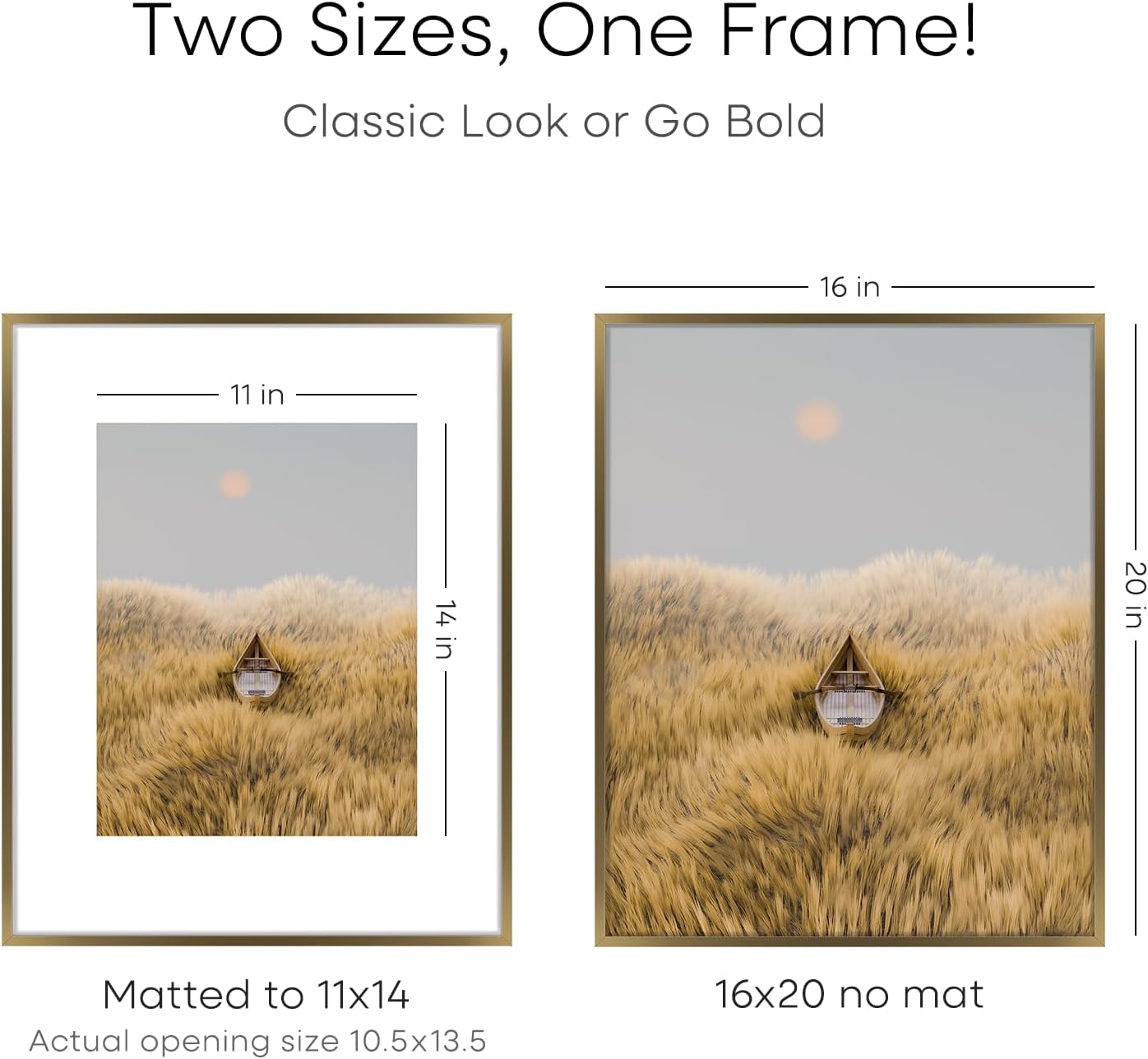 Homeforia Picture 16x20 Bronze Frame, High End Metal 16x20 Brass Poster Frames with Mat 11x14 for Photo, 16 x 20 Frame Matted to 11 by 14 Print, 20x16 Hanging Frames, Tempered Glass, Wall Kit, Set of 4