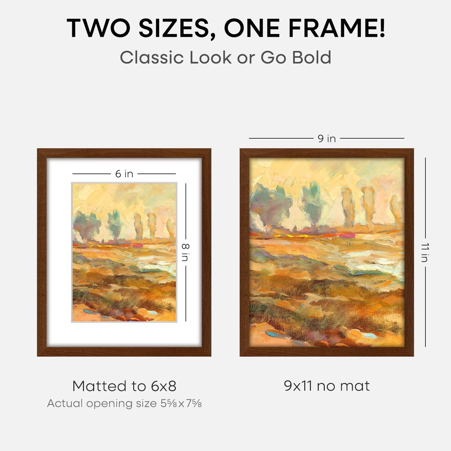 Homeforia 9x11 Picture Frame Brown, High End Dark Oak 9 x 11 Walnut Wooden Frames with Mat 6 by 8 Photo, 11x9 Wood Frame Matted to 6x8 Print, Wall or Tabletop Frame, Tempered Glass, Wall Kit, Set of 1