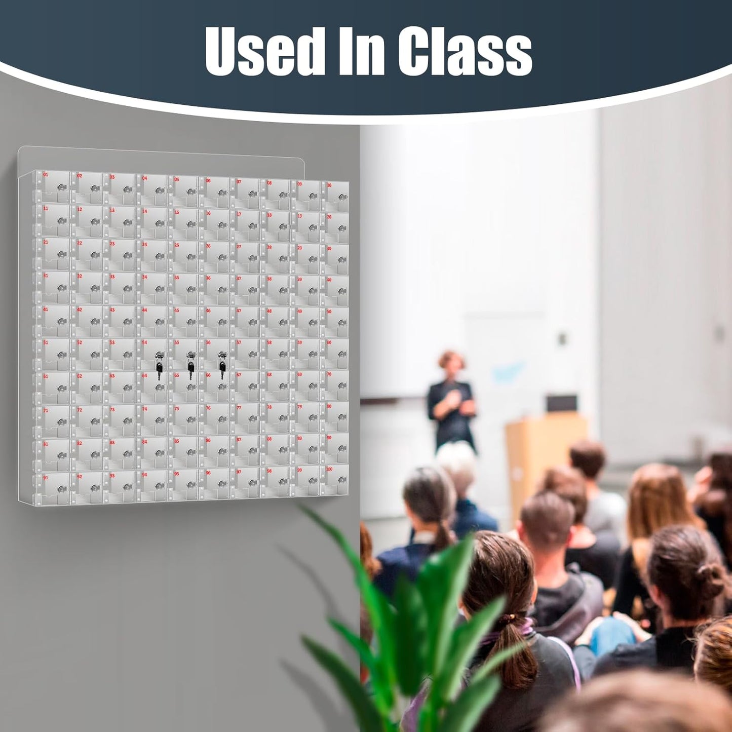 100 A Slots Cell Phone Locker Box, Clear Phone Storage, Acrylic Cell Phone Lock Box with Door Locks and Keys, Wall Mounted Cell Phones Cabinet for Office School Classroom Factory