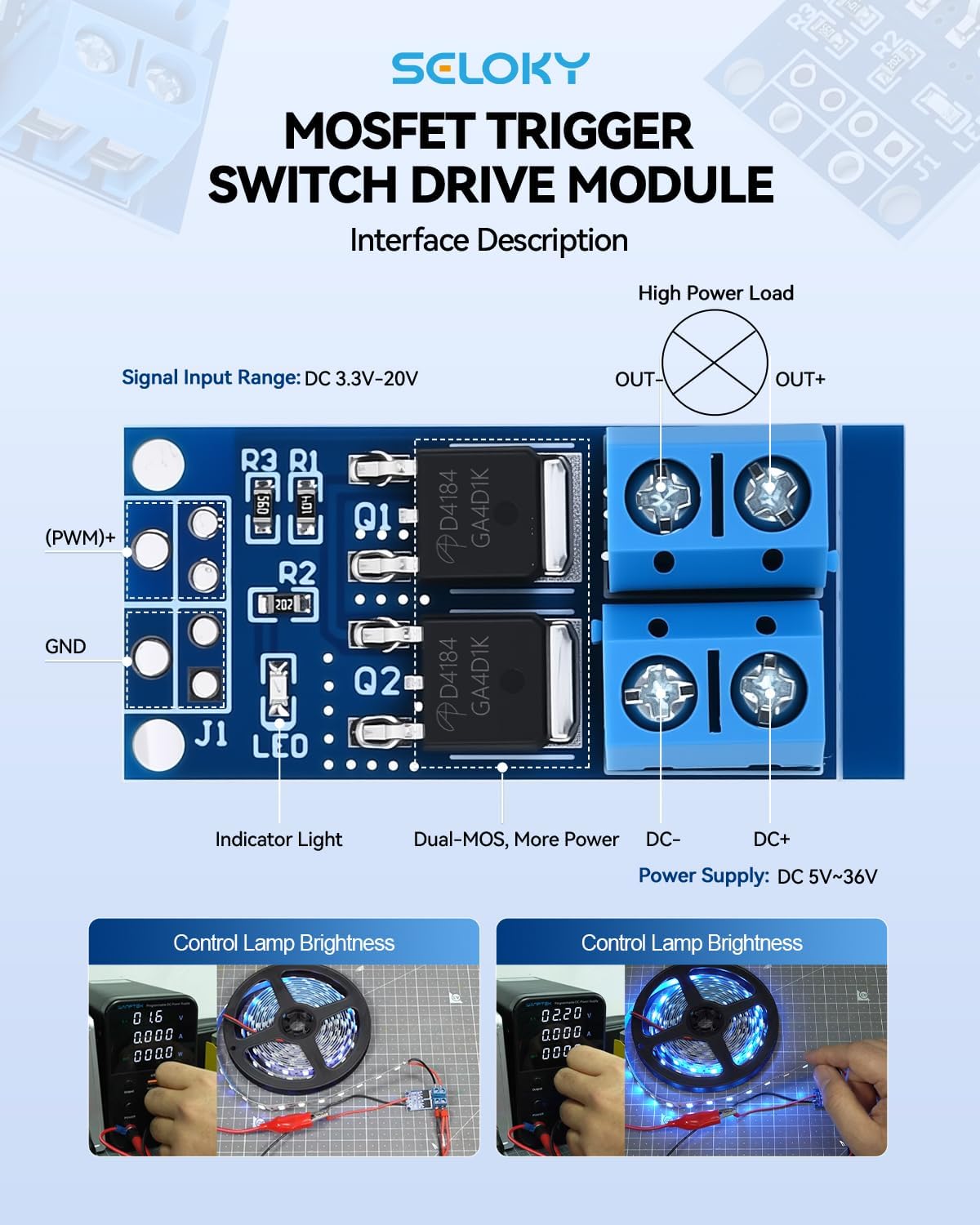 12PCS Dual High-Power MOSFET Trigger Switch Drive Module 0-20KHz PWM Adjustment Electronic Switch Control Board Motor Speed Controller Lamp Brightness Control, DC 5V-36V 400W, 15A (Max 30A)