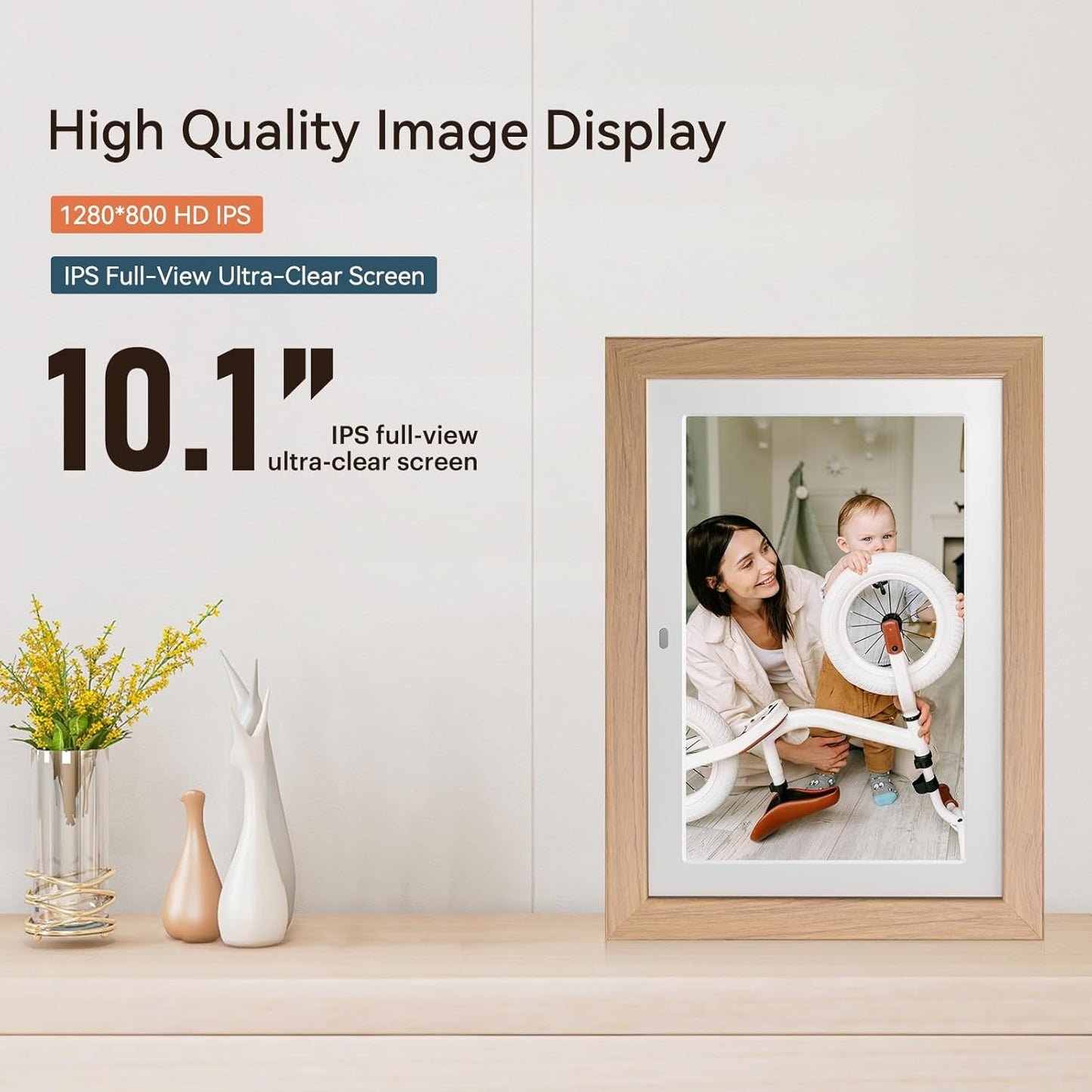 10.1" Digital Picture Frame with Remote Control, 1280 * 800 IPS Full View Ultra Clear Screen, Removable Wooden Frame, Share Videos Photos Send Wishes Auto-Rotate Slideshow Non-WiFi