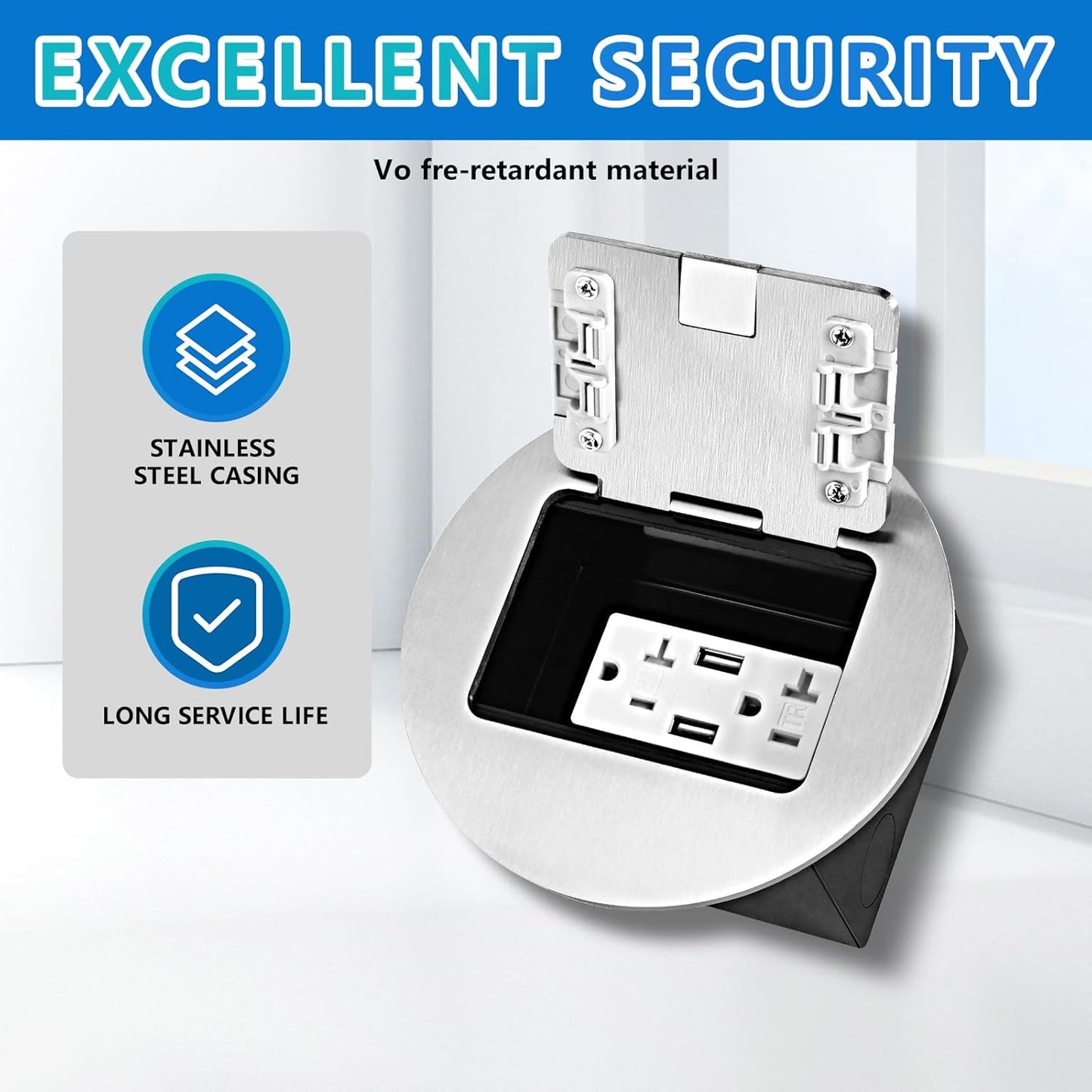 KYHSHJ Recessed Circular Floor Socket Kit with 2 * 20A Receptacle，4.8A*2 USB-A Ports ，Corrosive Resistant Hardware,Silver