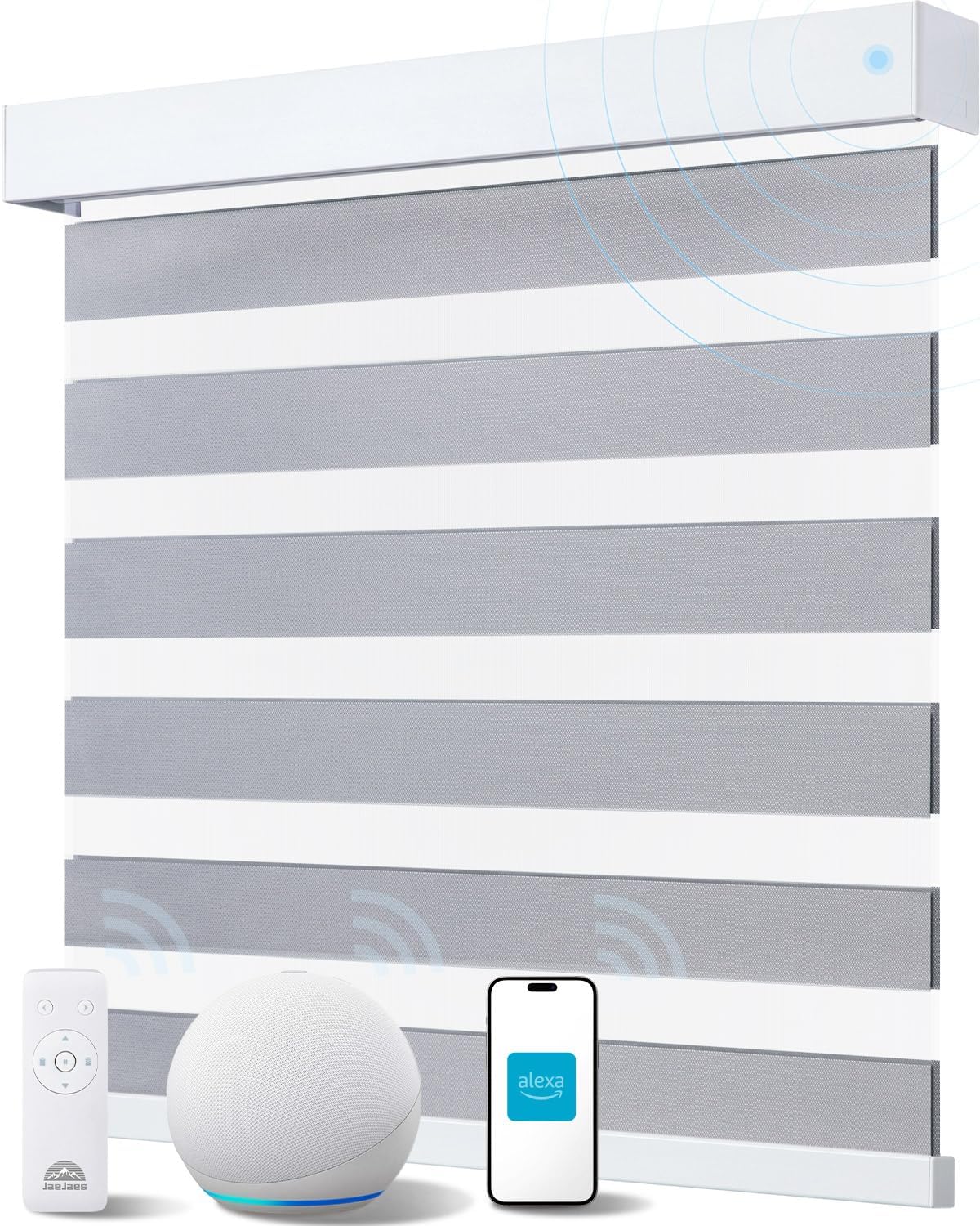 Smart Zebra Blinds for Windows, Alexa Motorized Blinds with Remote Control, Automatic Electric Power Zebra Shades for Indoor Windows (30" W x 72" H, Gray Fabric & White Shell)