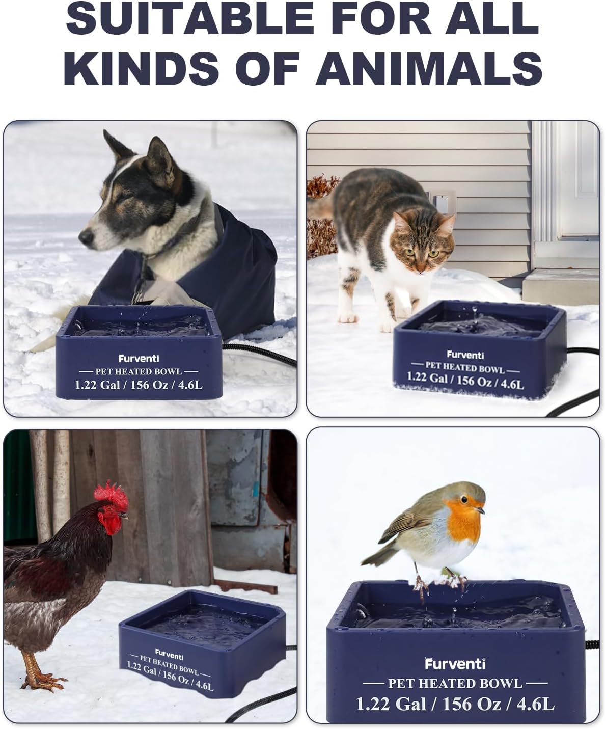Heated Water Bowl for Dog Cat,1.22 Gallon,Outdoor Waterproof Heated Pet Water Dish with 79" Chew Resistant Cord for Rabbit, Chicken, Duck, Squirrel (Dark Blue)