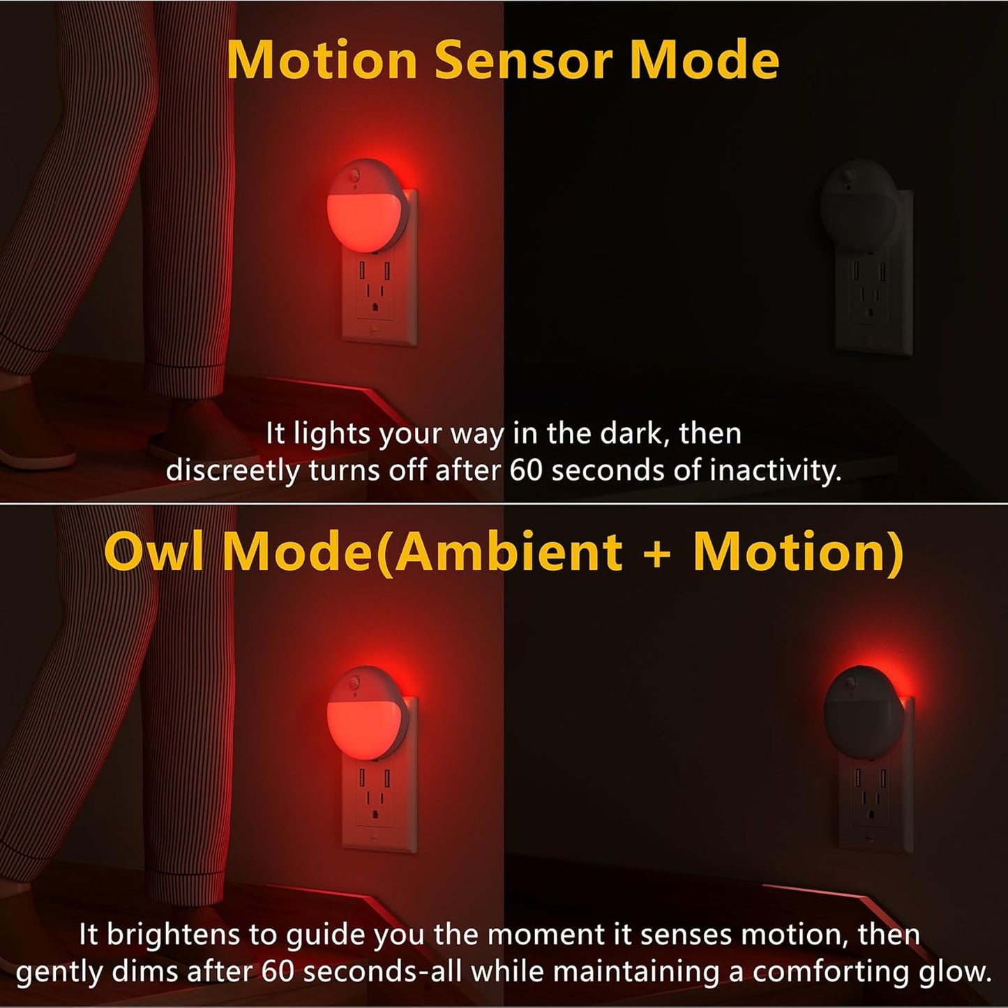 2 Pack Plug in Red Sleep Night Light with Motion Sensor and Dusk to Dawn Sensor, 3 Modes, Soft Glow, Stepless Dimming, LED Lights for Bedroom, Sleep, Baby Nursery, Kids, Toddler, Home Decor