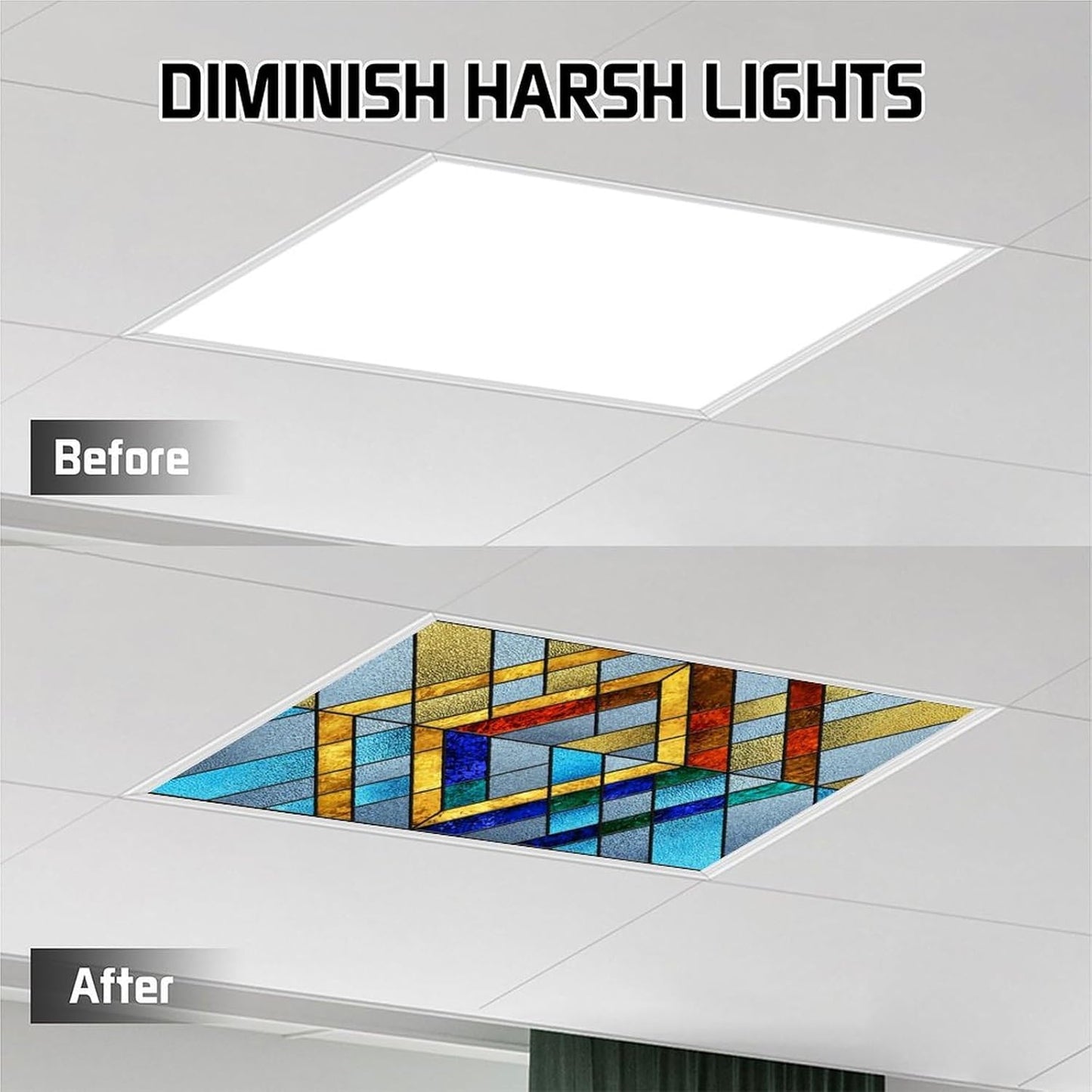 2PCS Fluorescent Light Cover for Ceiling Light Classroom-Stained Glass Patten Magnetic Light Cover Shade Panel,Decorative Film Filter for Reducing Harsh Glare Flicker Home School Office Decorations