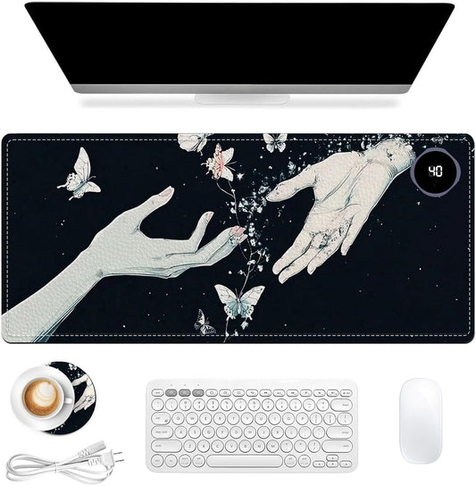 Heated Mouse Pad 31.5x13 in 3-Temp Fast Heating Desk Mat with Auto Timer Warmer for Hands Wrist Pain Relief Waterproof Keyboard Mat for Office, Gaming, Home, Butterfly Hands Art