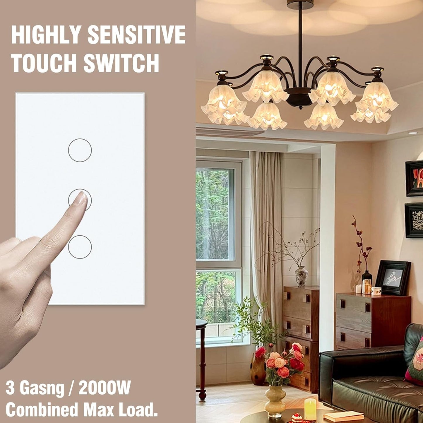 2 Way Light Switch 118X72X34MM No Neutral Wire, Wall Touch Switch 1000W, Tempered Glass Panel, FCC, White 3 Gang