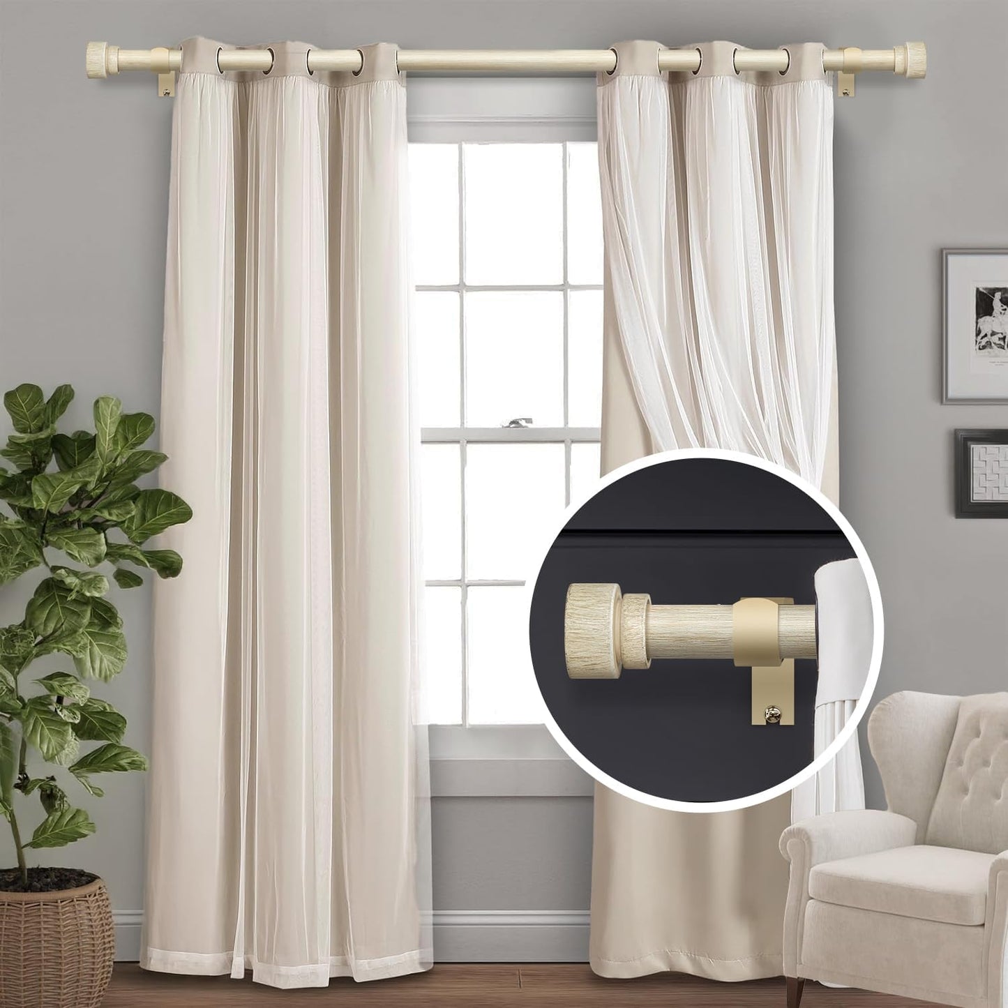 2 Pack White Oak Wood Grain Curtain Rods for Windows 28 to 48 Inches 1" Diameter Boho Decorative Heavy Duty Window Curtain Rod Adjustable with Solid Finials for Living Room Bedroom Kitchen Farmhouse