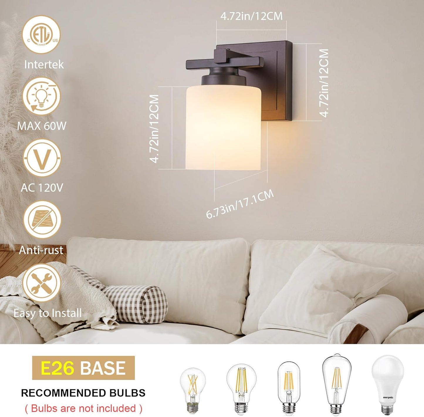 1 Light Modern Bathroom Light Fixtures Over Mirror, Bronze Finish Vanity Lights for Bathroom Wall Sconces with Milky White Glass Shades, E26 Socket (Bulbs Not Included)