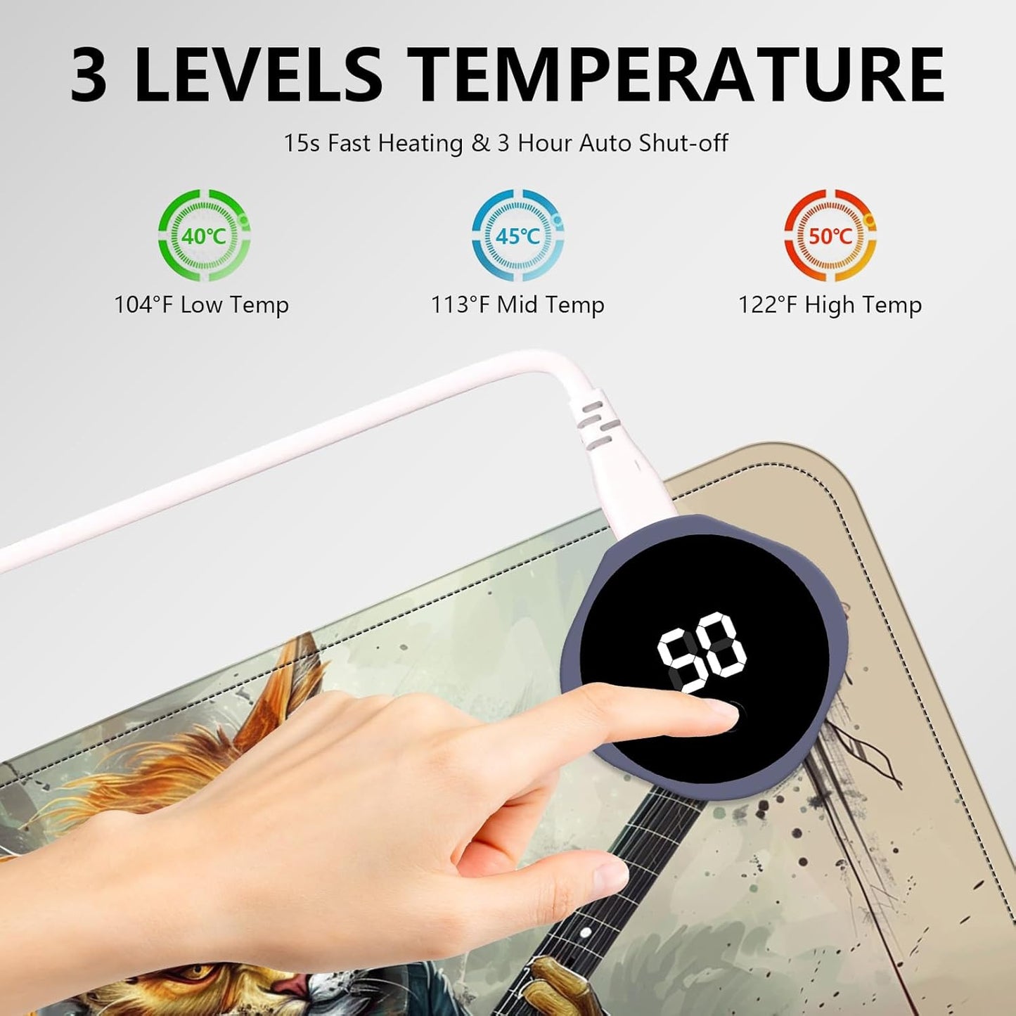 Heated Mouse Pad with 3 Levels Heated & 3 Hours Auto Shut-Off Mouse Pad for Warming Hands in Office Home, 31.5" x 13"Large Safe Desk Mat Hand Warmer，Cat Playing Guitar