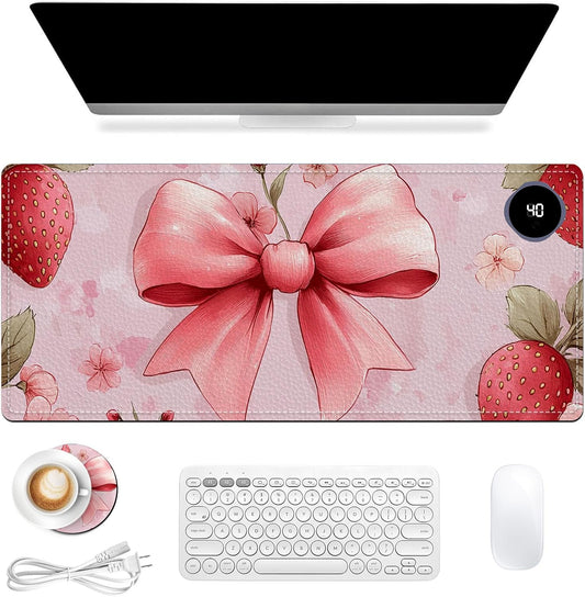 Heated Mouse Pad 31.5x13 in 3-Temp Fast Heating Desk Mat with Auto Timer Warmer for Hands Wrist Pain Relief Waterproof Keyboard Mat for Office, Gaming, Home, Pink Bow Floral