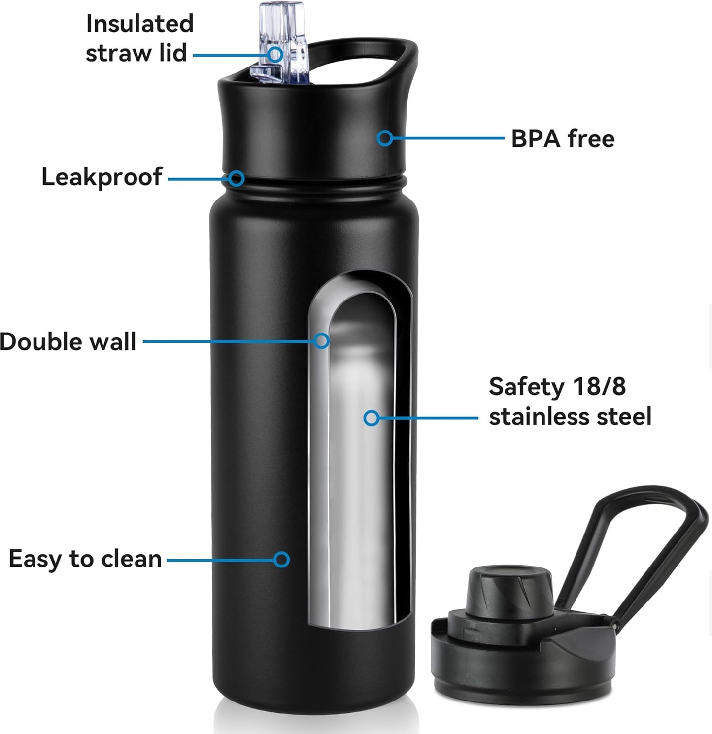 VEGOND 24oz Insulated Stainless Steel Water Bottle with Straw Lid, Double Wall Vacuum Bottle for Hiking, Camping, Gym, Work, Home Use, Black 8 Pack