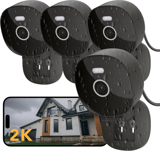 2K Security Camera, Outdoor/Indoor for Home, Pet, Baby, Nanny, IP65 Wterproof Color Night Vision, White Light & Siren, Recording, Motion Detection, Compatible with Alexa,Black-4P