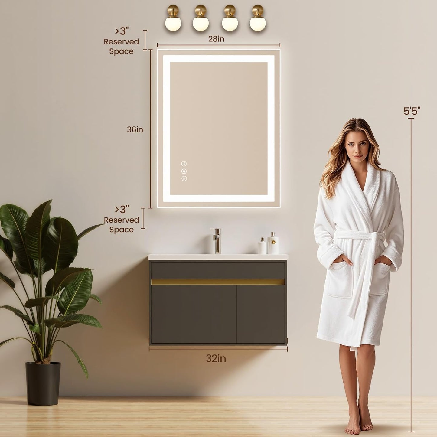 28X36 LED Bathroom Mirror with Lights, Anti-Fog, Backlit + Front Lit, Lighted Bathroom Vanity Mirror for Wall, Memory Function, Dimmable, Tempered Glass, Shatter-Proof