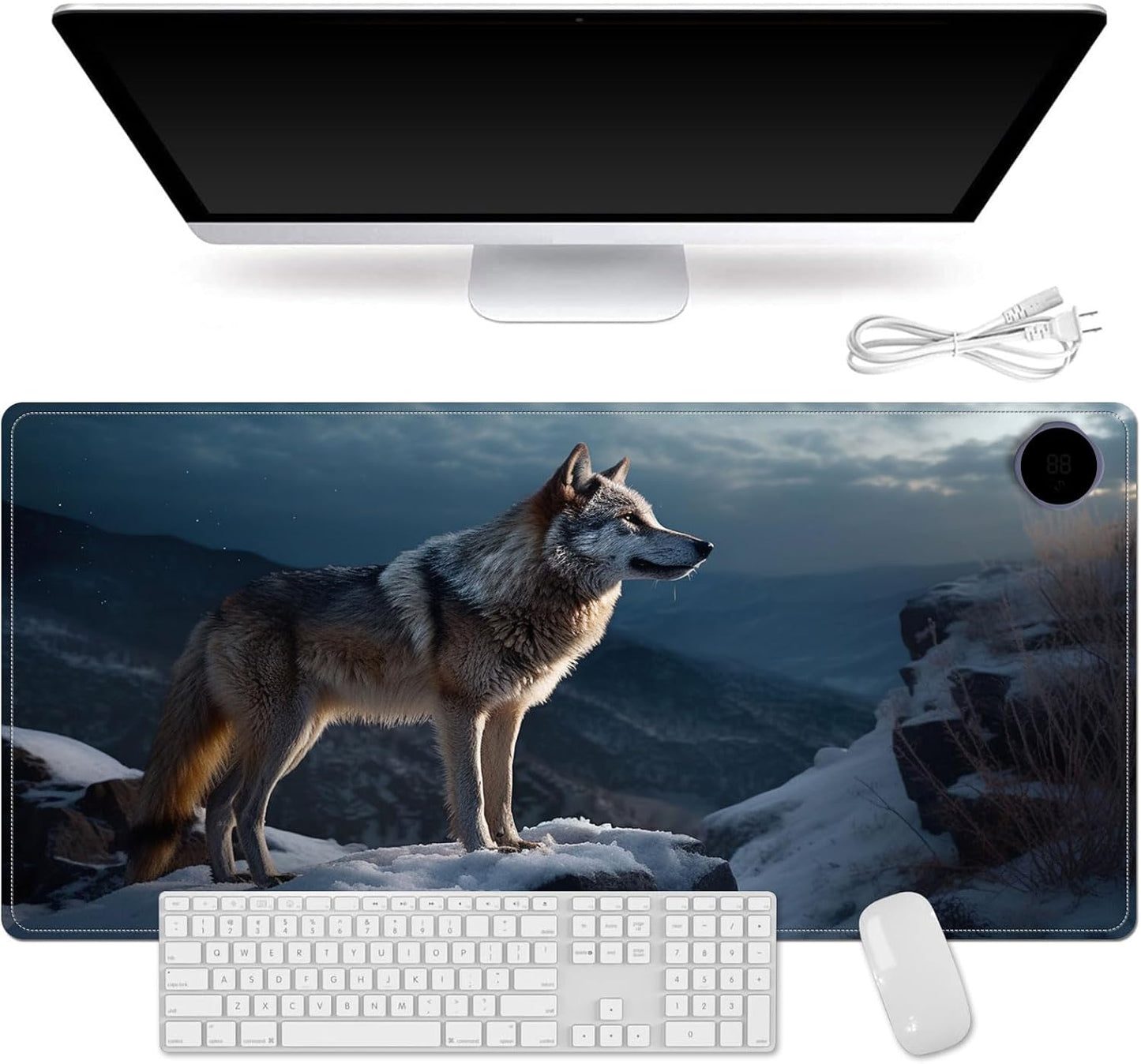 Heated Mouse Pad for Desk 31.5" x 13" – PU Leather Warm Desk Pad with 3 Heat Levels (104°F/113°F/122°F), Plug-in Electric Heating Mat with Auto Shut-Off, Waterproof & Rollable, Lone Wolf