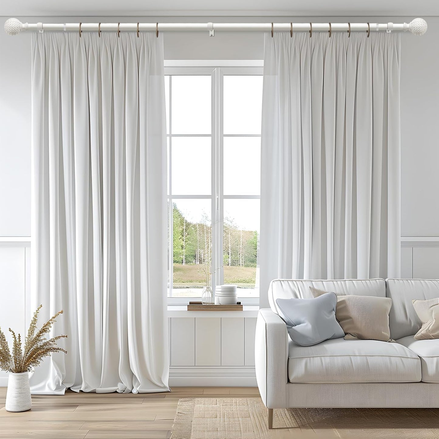 2 Pack Antique White Ball Curtain Rods for Windows 48 to 84 Inch,1 Inch Heavy Duty Adjustable Curtain Rod,Boho Decorative Drapery Rods Set with Brackets,Size:36''-88''
