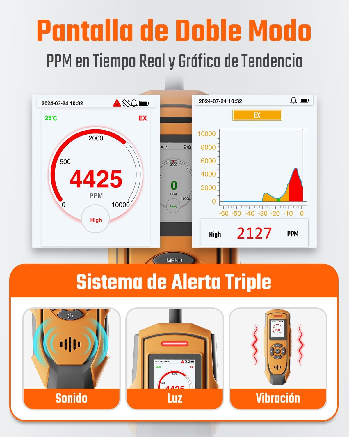 TopTes PT-990 Rechargeable Gas Leak Detector with 11 inch Probe, Detection Range 0-10000 ppm, Data Logging & 3 Types Alarm, Natural Gas Detector for Propane, Methane for Industrial & Home - Orange