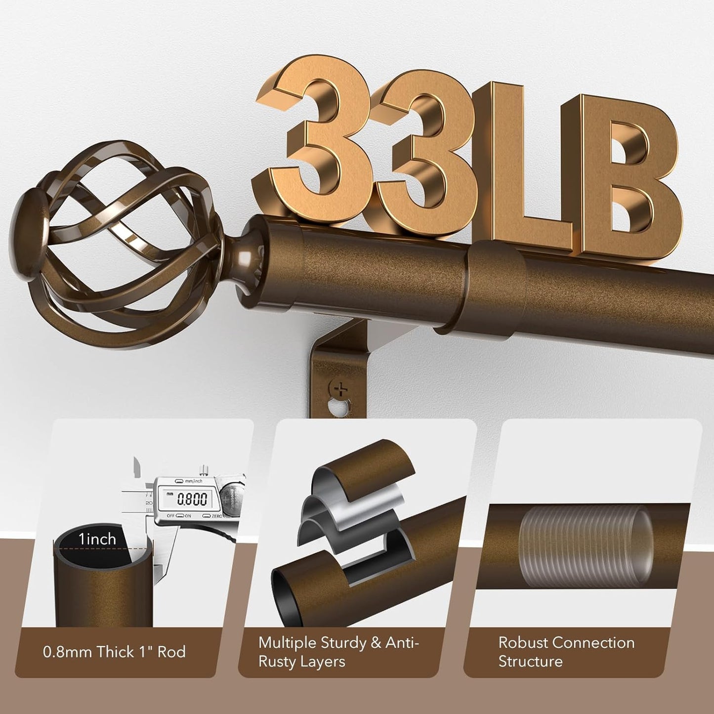 Curtain Rods for Windows 48 to 84, 1 Inch Adjustable Decorative Bronze Curtain Rod with Twisted Cage End, Modern Heavy Duty Drapery Rods for Bedroom, Telescoping Splicing Structure, Size 32"-90"