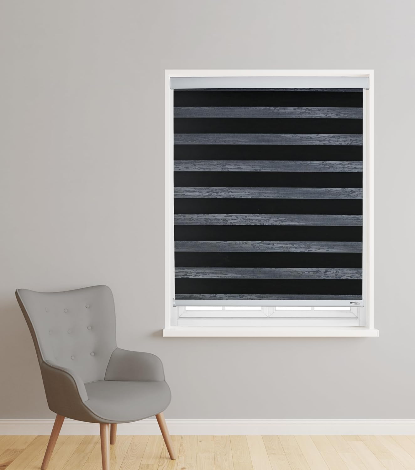 ShadesU Cordless Zebra Blinds – Light Filtering Dual-Layer Window Shades for Privacy (Black Color) (Maximum Height 72") (Width 24.5")