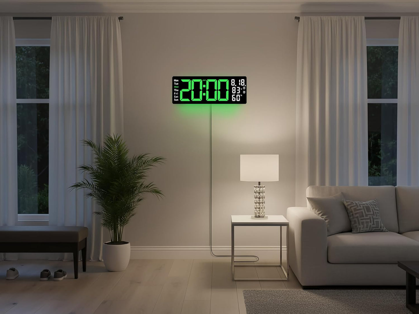 17.5 Inch Green LED Digital Wall Clock with 8 Ambient Light Colors｜Displays Time,Date,Day,Temperature&Humidity,Dual Alarms,Countdown&Stopwatch,DST,10-Level Auto/Manual Brightness｜Modern Silent Clock