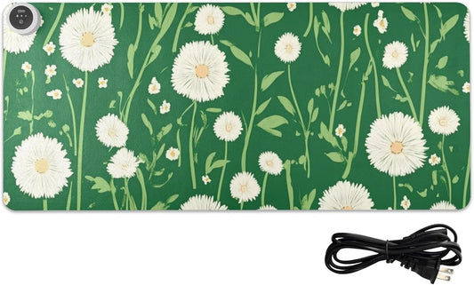 Heated Desk Pad Mouse Pad 31.5x13 Inch PU Leather Desk Mat with 3 Heat Levels Large Mouse Gaming Computer Laptop Mat Green Dandelion and Daisy