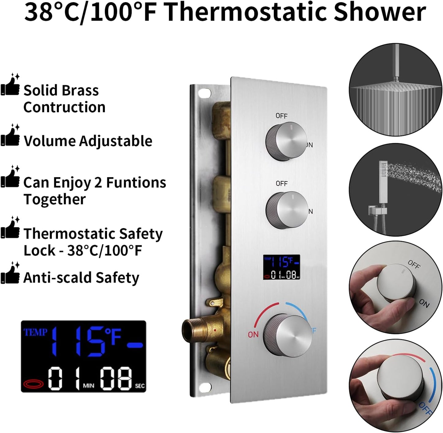2 Way Shower Diverter Valve Brass 2 Functions Digital Temperature Display Thermostatic Shower Mixing Valve Kit 3 Handle Flow Cotrol Valve, Can Run Simultaneously Brushed Nickel