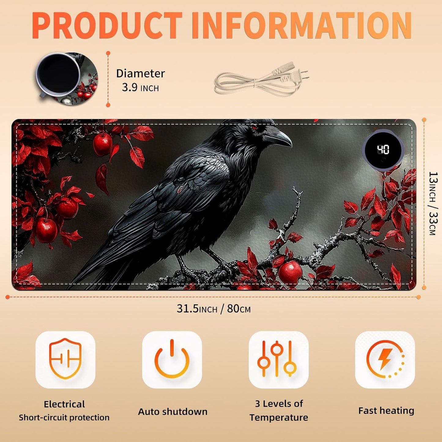 Heated Mouse Pad 31.5x13 in 3-Temp Fast Heating Desk Mat with Auto Timer Warmer for Hands Wrist Pain Relief Waterproof Keyboard Mat for Office, Gaming, Home, Raven Red Berries
