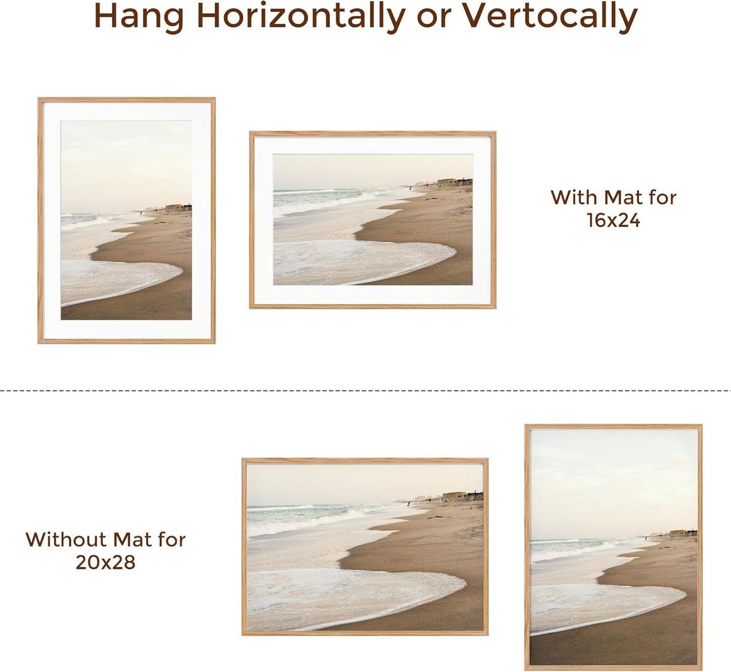 20x28 Oak Wood Picture Frame, 20"x28" Poster Frame for Wall, 20x28 Picture Frame with Mat for 16x24, Solid Oak Wood Photo Frame 20 x 28 with Tempered Real Glass (Natural Oak Color, 1 Pack)