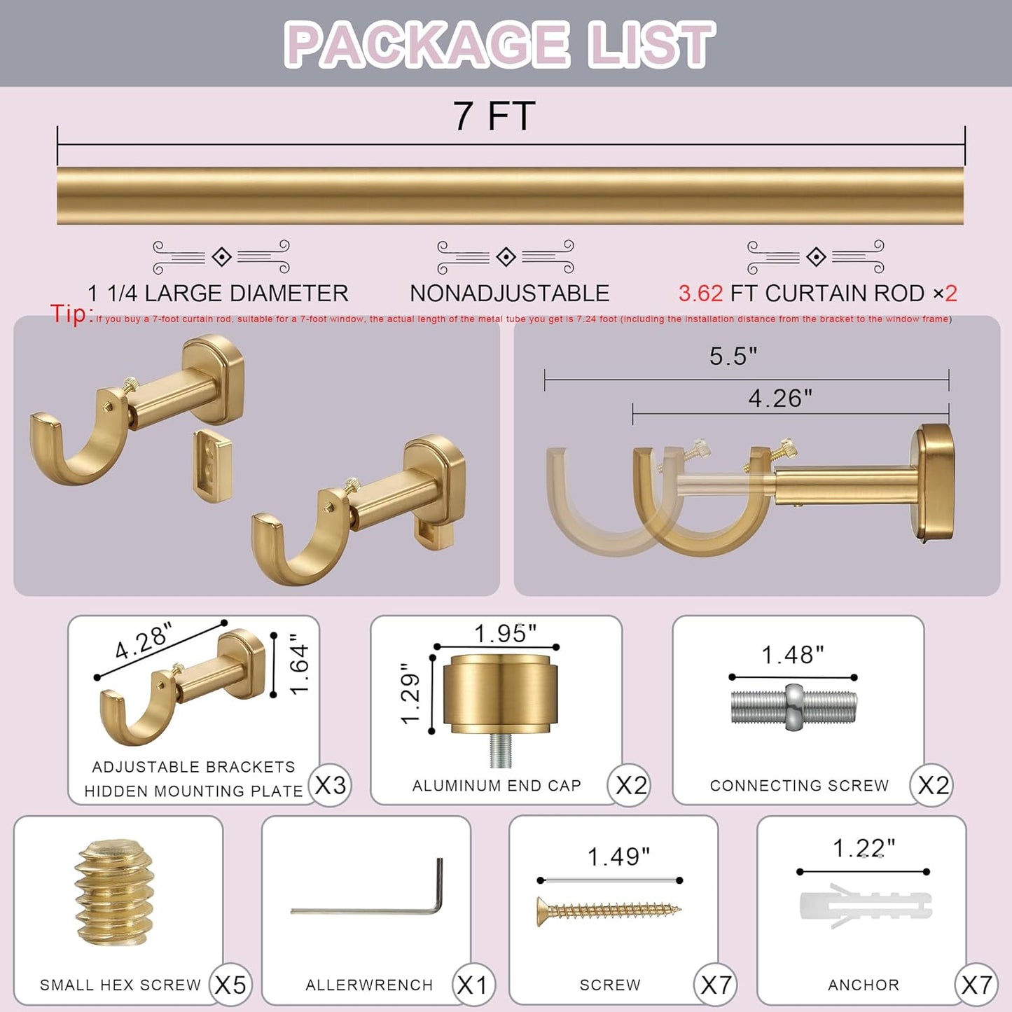 Heavy Duty Curtain Rods,1 1/4" Large Diameter Premium Nonadjustable Curtain Rod,84in/7ft Custom Window Treatment Rods with Durable Aluminum Brackets and End Caps,Gold Finish