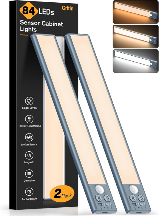 Gritin 10.2inch Under Cabinet Lighting Rechargeable -84 LED Super Bright,3-Color& 5 Level Brightness,4 Modes,Motion Sensor, Long Lasting- Easy Installation Magnetic Closet Lights -2 Pack-Sea Blue