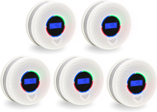 10-Year Battery Smoke and Carbon Monoxide Detector, 2-in-1 Smoke CO Alarm with Digital Display, Reliable Fire and CO Alarm for Home, Bedroom, Kitchen (5 Pack)