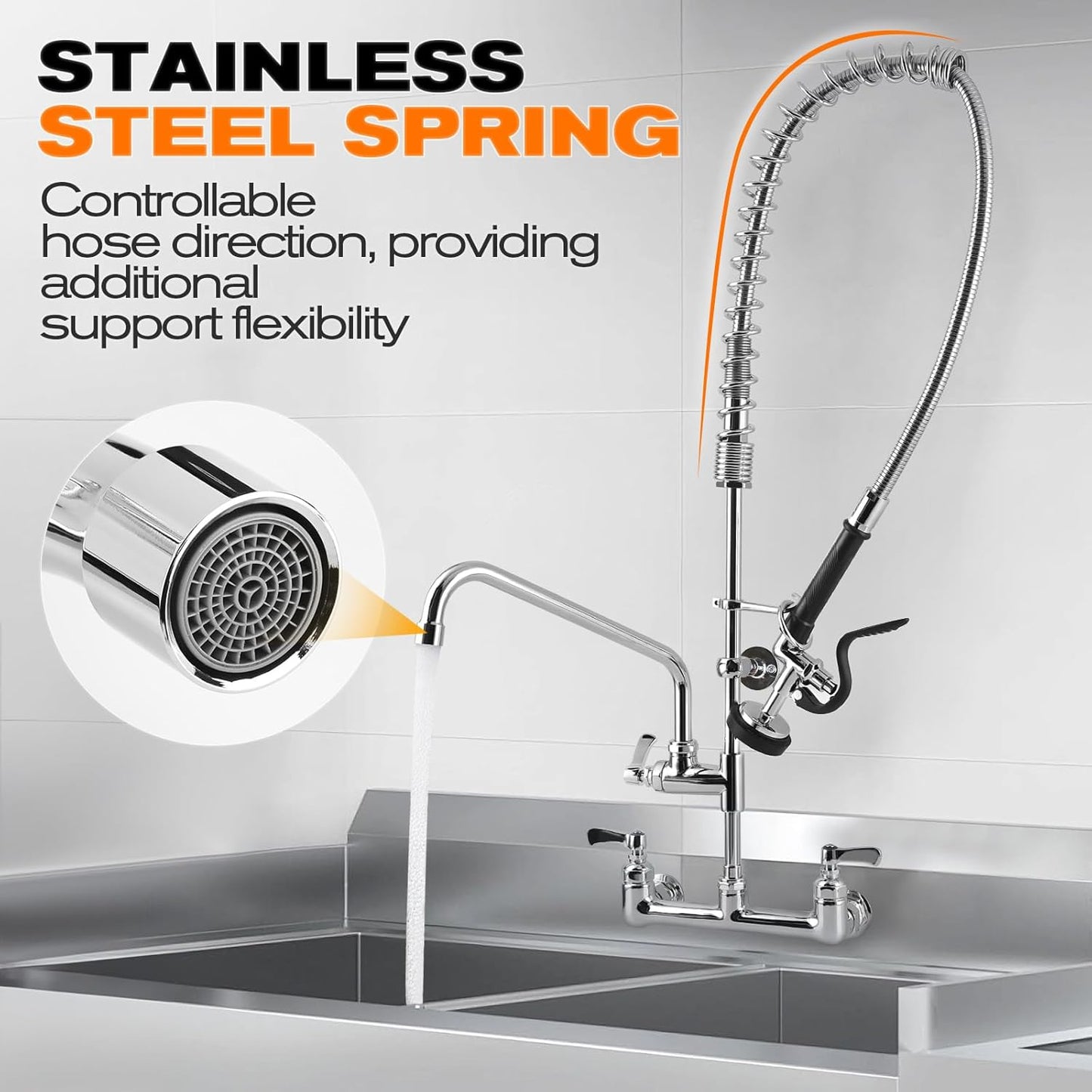 25" Height Commercial Faucet with Sprayer, 8" Adjustable Center & 12" Add-on Swing Spout, Wall Mount Pre Rinse Commercial Sink Faucet for Commercial Restaurant Industrial Kitchen (Chrome)