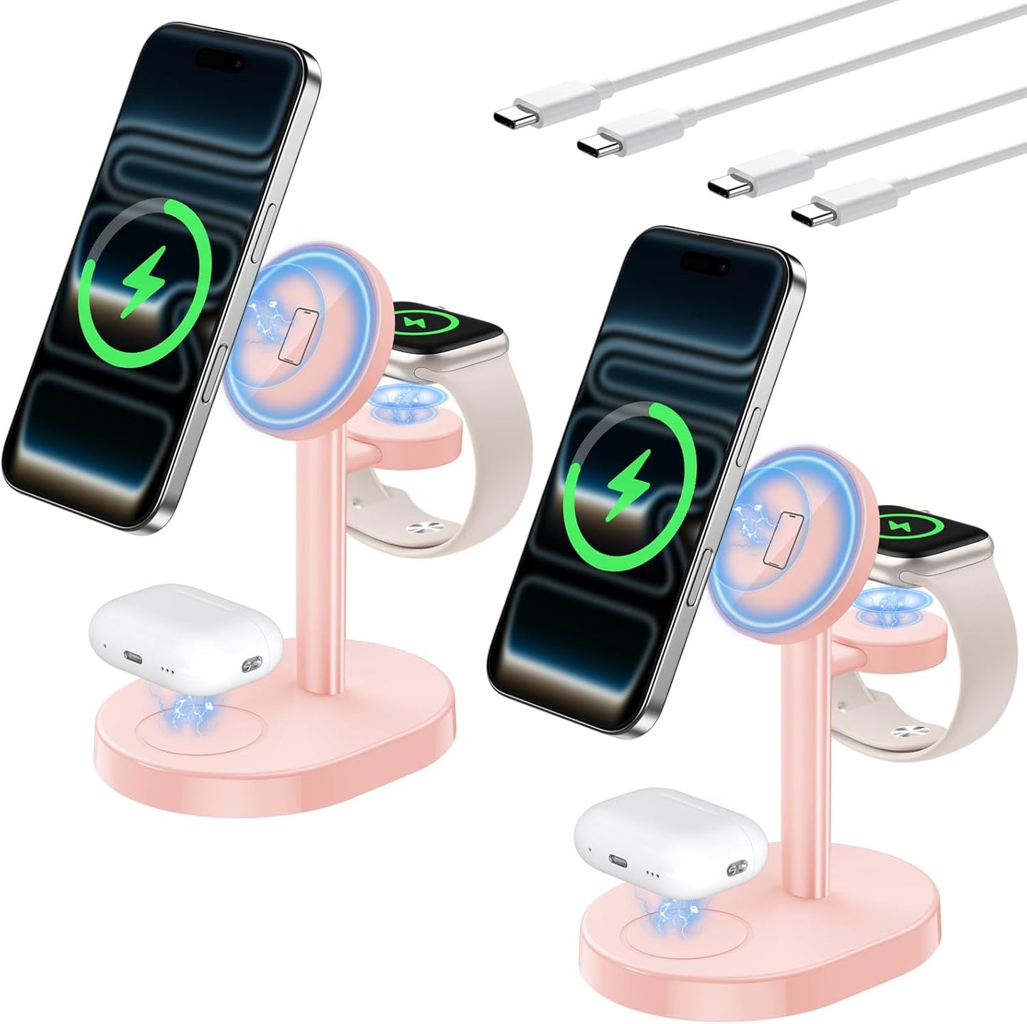 2 Pack Hevanto 2025 3 in 1 Wireless Charging Station for Apple MagSafe Charger, 15W Fast Magnetic Mag-Safe Charger Stand for iPhone 17 16 15 14 13 12 iWatch AirPods (Adaptor Not Included)