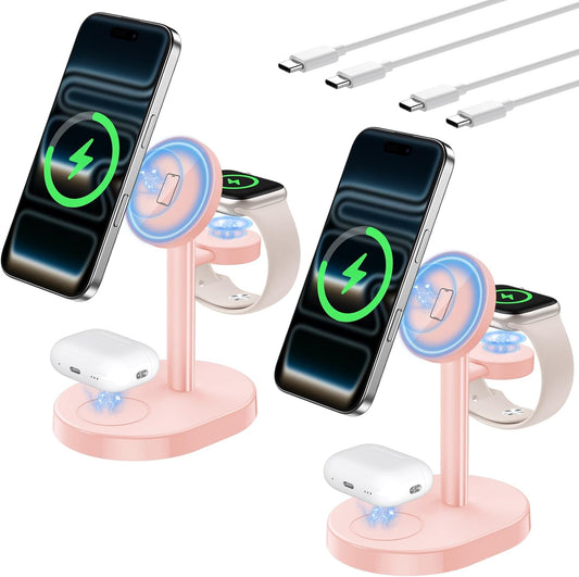 2 Pack Hevanto 2025 3 in 1 Wireless Charging Station for Apple MagSafe Charger, 15W Fast Magnetic Mag-Safe Charger Stand for iPhone 17 16 15 14 13 12 iWatch AirPods (Adaptor Not Included)