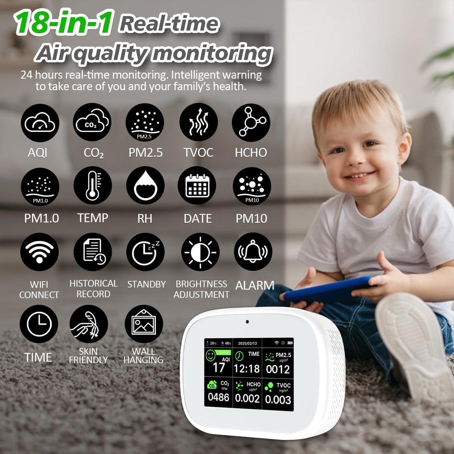 18-in-1 Smart Air Quality Monitor - Indoor WiFi Air Quality Detector with Dual Chip, Real-Time for AQI, CO2, PM2.5, PM1.0, PM10, TVOC, HCHO, Time Display, Temperature & Humidity (White-Black)