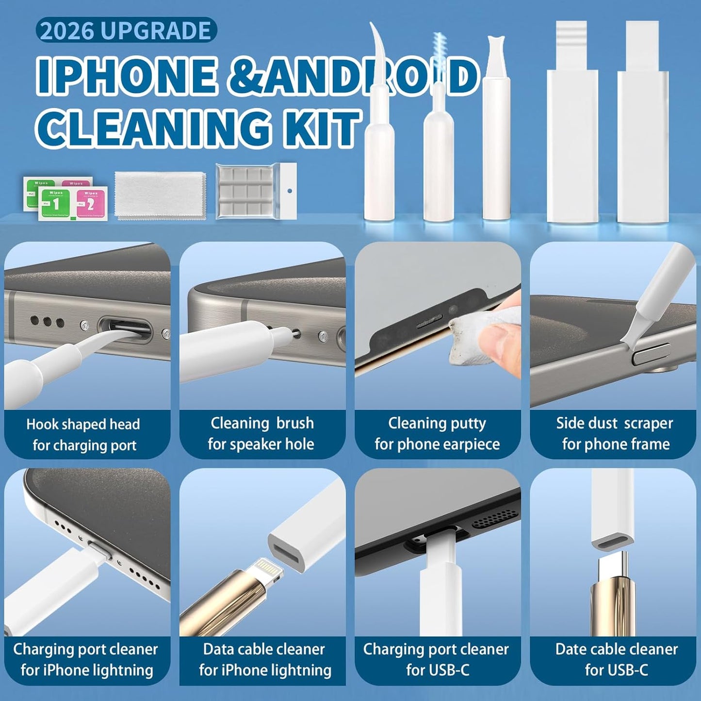 2026 Upgrade Phone Cleaning Kit 47PCS, iPhone Cleaning Kit, Airbud AirPods Cleaning Kit, Keyboard Cleaning Kit, Charging Port Cleaner for Apple Lightning/Android USB-C (White)