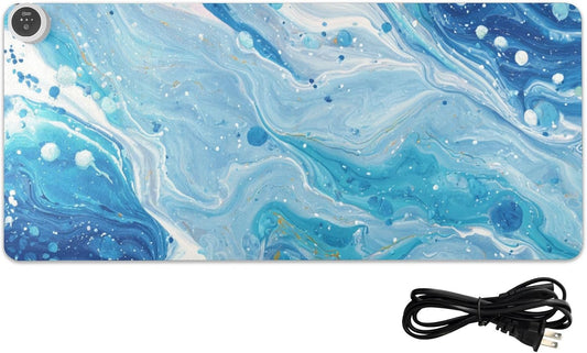 Heated Desk Pad Mouse Pad 31.5x13 Inch PU Leather Desk Mat with 3 Heat Levels Large Mouse Gaming Computer Laptop Mat Blue and White Marble Spots