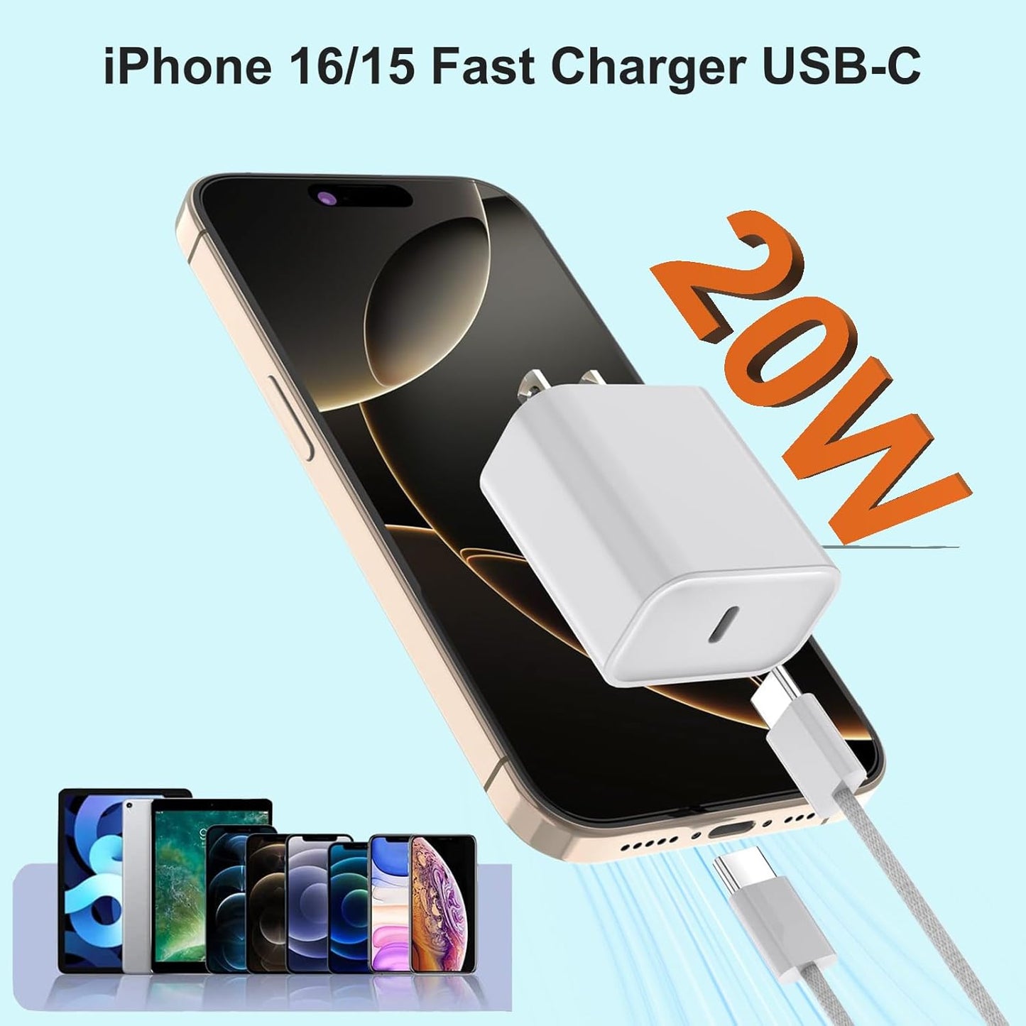 10FT iPhone 16 15 Charger Fast Charging,2Pack 20W Type C Chargers USB C Block 10Foot USB C to USB C Woven Cable, Apple i Phone 16 Charger for iPhone 16/16 Plus/16 Pro/16 Pro Max/iPhone 15 Pro Max/iPad