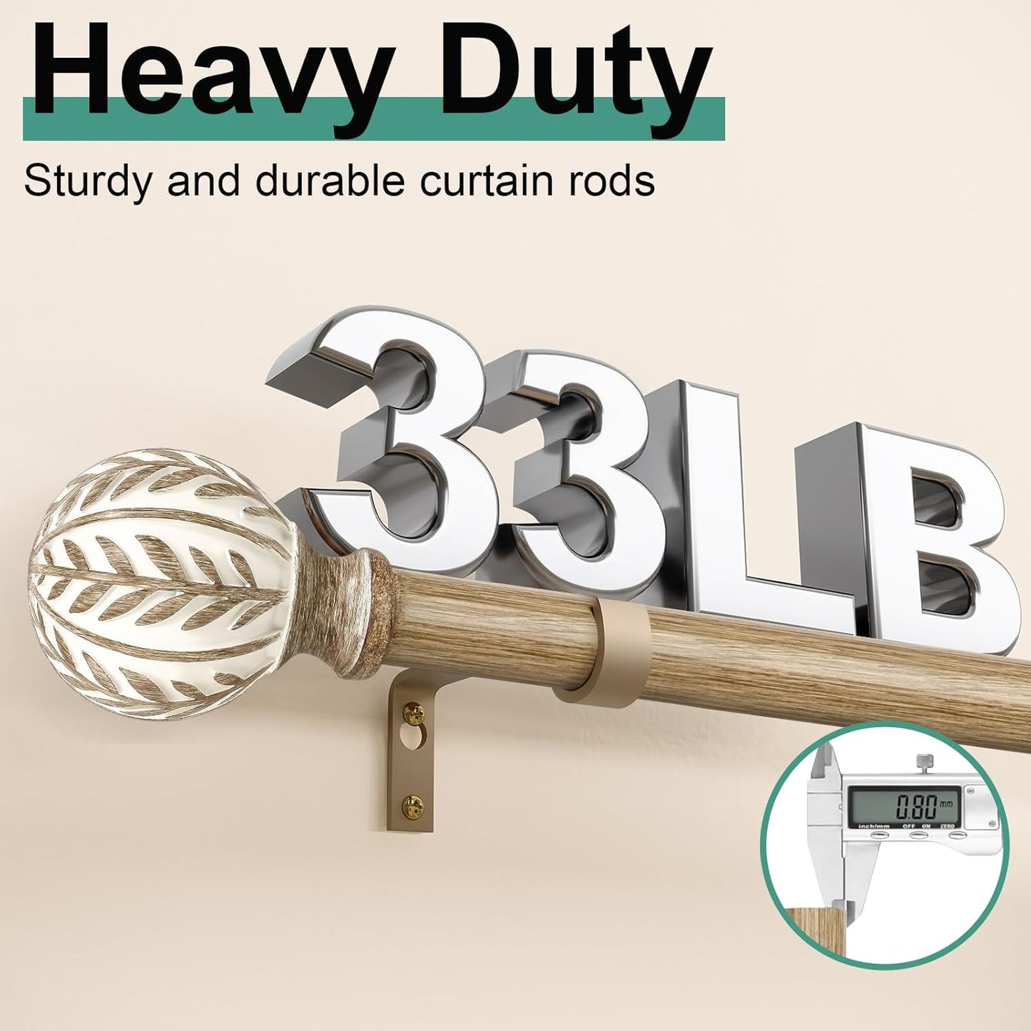 2 Pack Boho Wood Curtain Rods for Windows 72 to 144 inch,1" Adjustable Heavy Duty Window Curtain Rod with Imitation Wood Grain Finials,Rustic Decorative Drapery Rods Set 36-150'',Weathered Wood