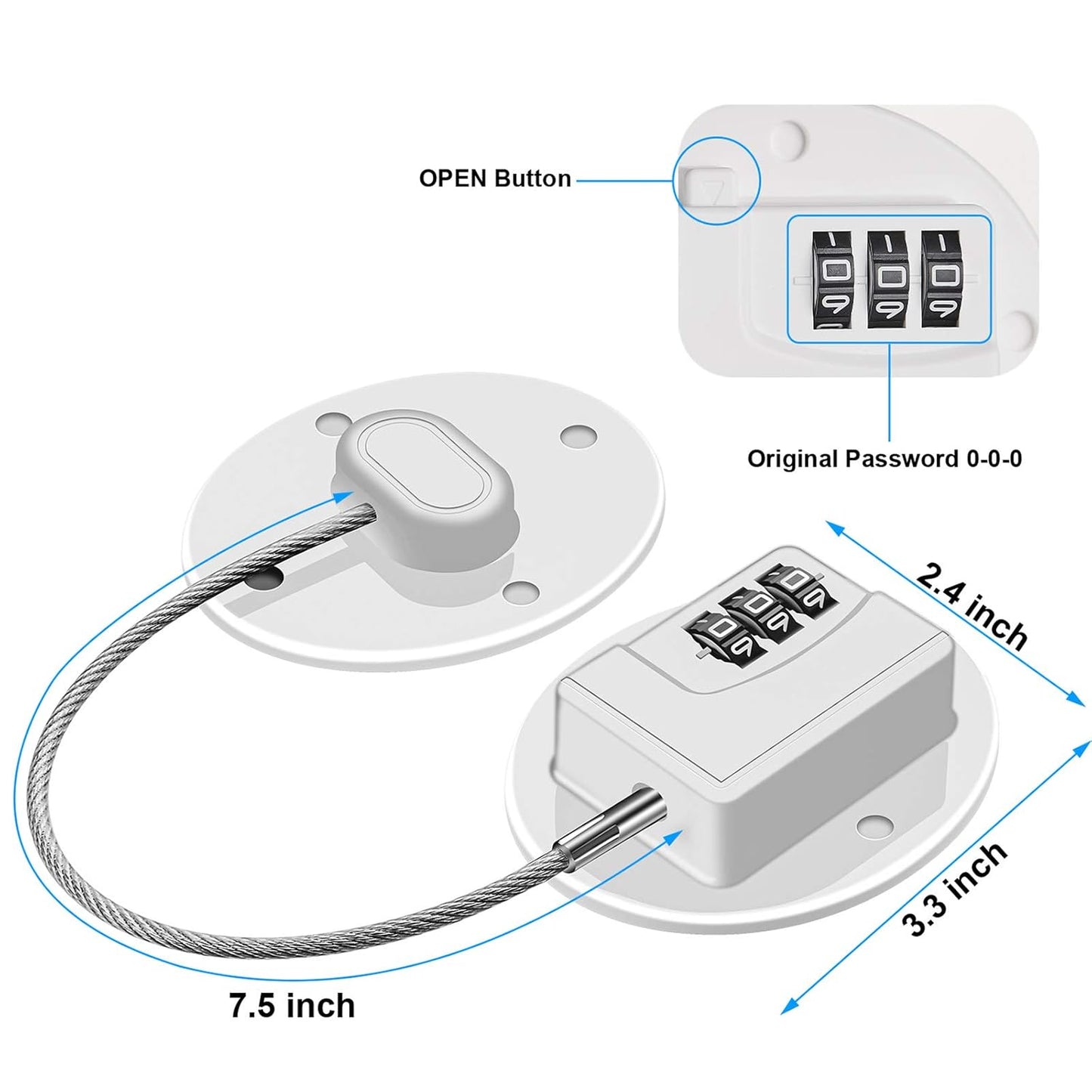 2 Pack Refrigerator Lock - Heavy Duty 3 Digit Cable Fridge Lock, Child Proof Cabinet Locks(White)
