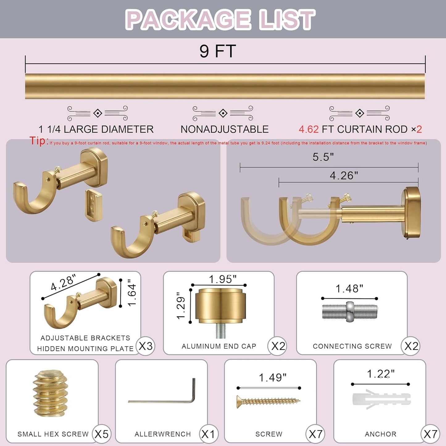 Heavy Duty Curtain Rods,1 1/4" Large Diameter Premium Nonadjustable Curtain Rod,108in/9ft Custom Window Treatment Rods with Durable Aluminum Brackets and End Caps,Gold Finish