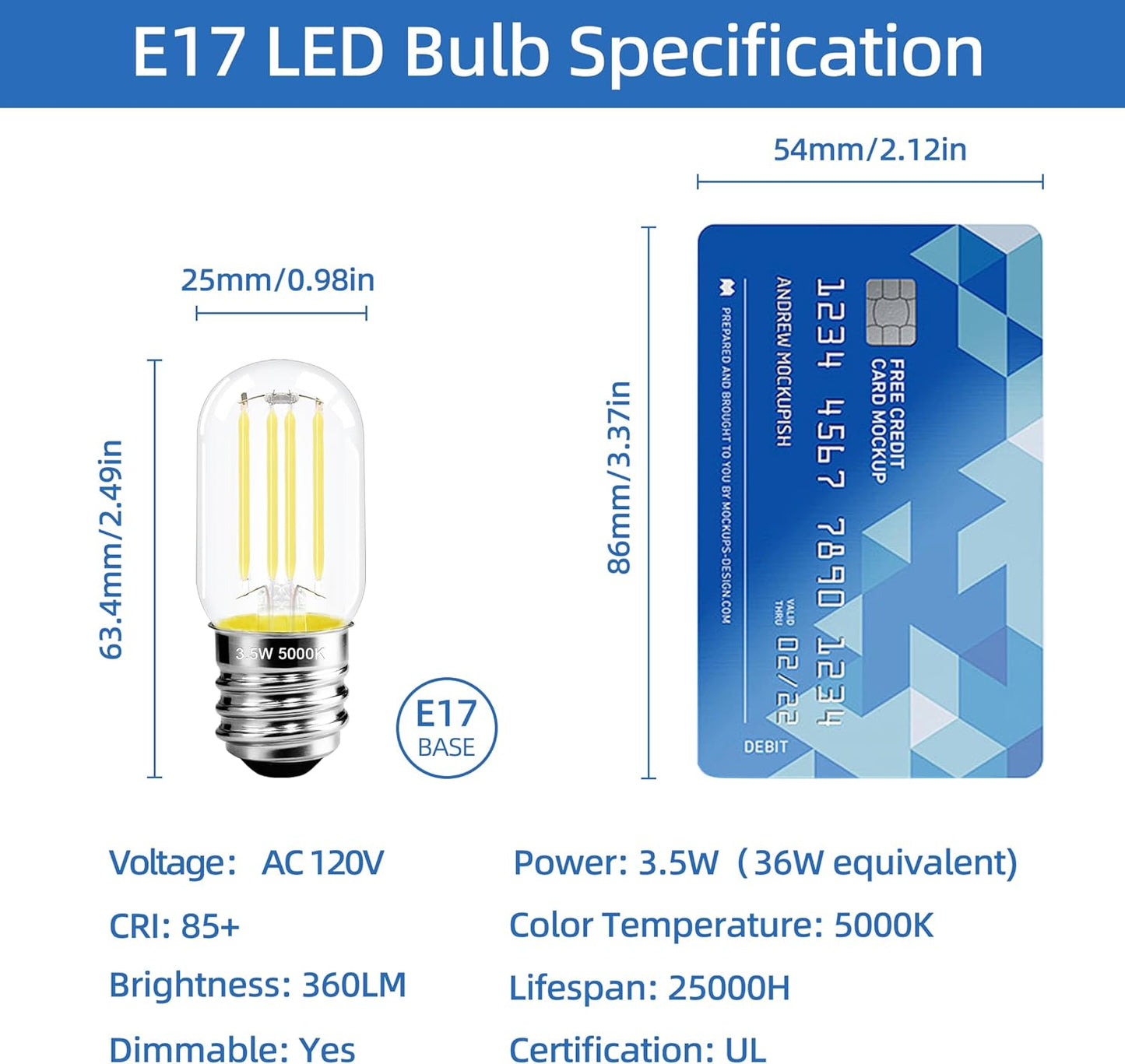 2.5 Inch E17 Intermediate Base LED Filament Bulb 360 Lumens, 5000K Daylight White Dimmable Appliance Bulb AC 120V, UL Listed T8 Microwave Light Bulbs Under Hood for Refrigerator Stove 4Pack