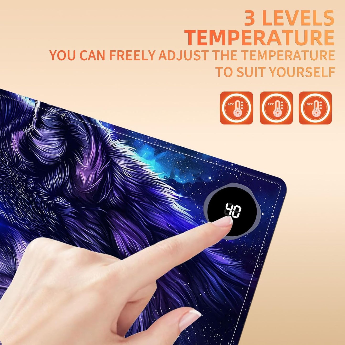 Heated Mouse Pad, Warm Desk Pad, Keyboard Mat 23.6 x 14 Inch Large Size Intelligent Fast Heating, 3 Speed Adjustable, Timed Auto Power Off for Game Office Home, Galaxy Wolf