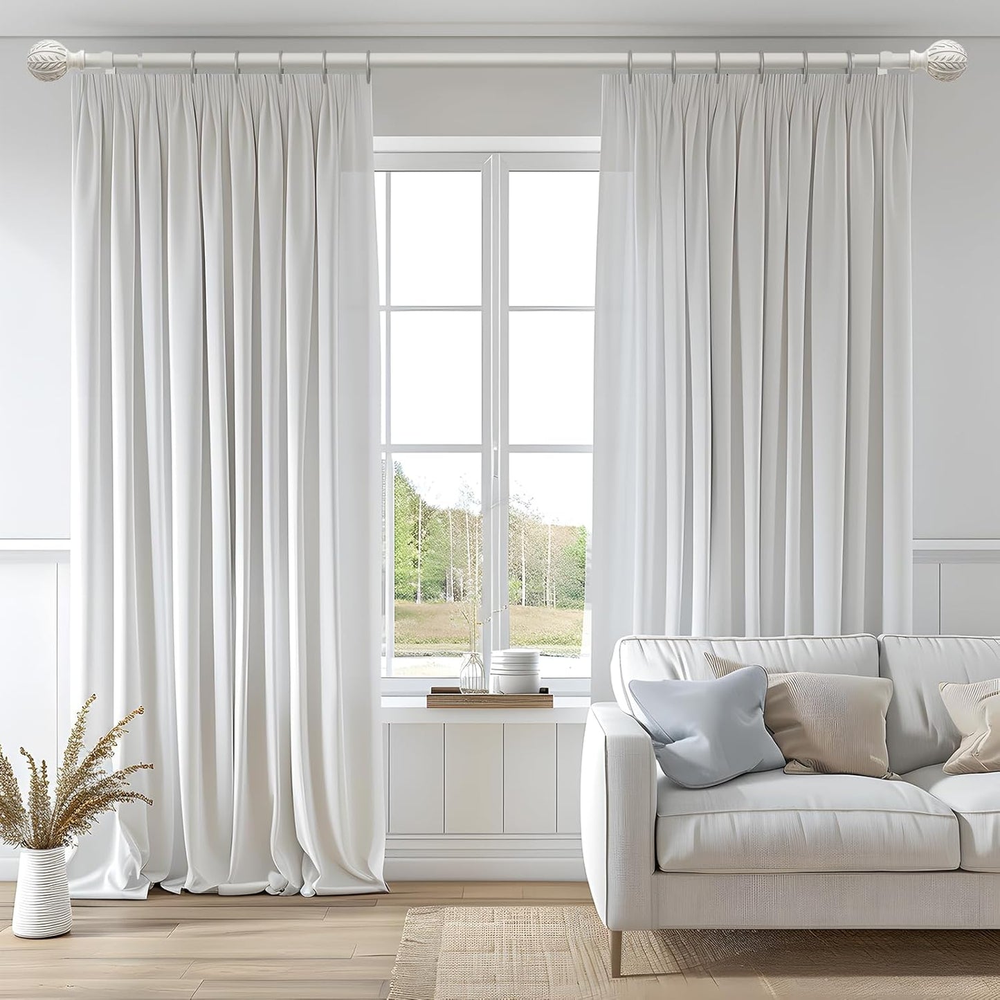 2 Pack Antique White Curtain Rods for Windows 48 to 84 inch,1" Adjustable Heavy Duty Window Curtain Rod with Leaf Finials,Rustic Decorative Drapery Rods Set,Size:36-88''